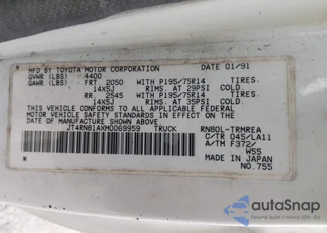 1991 Toyota Pickup 1/2 Ton Short Wheelbase из США, поврежденный, VIN JT4RN81AXM0069959